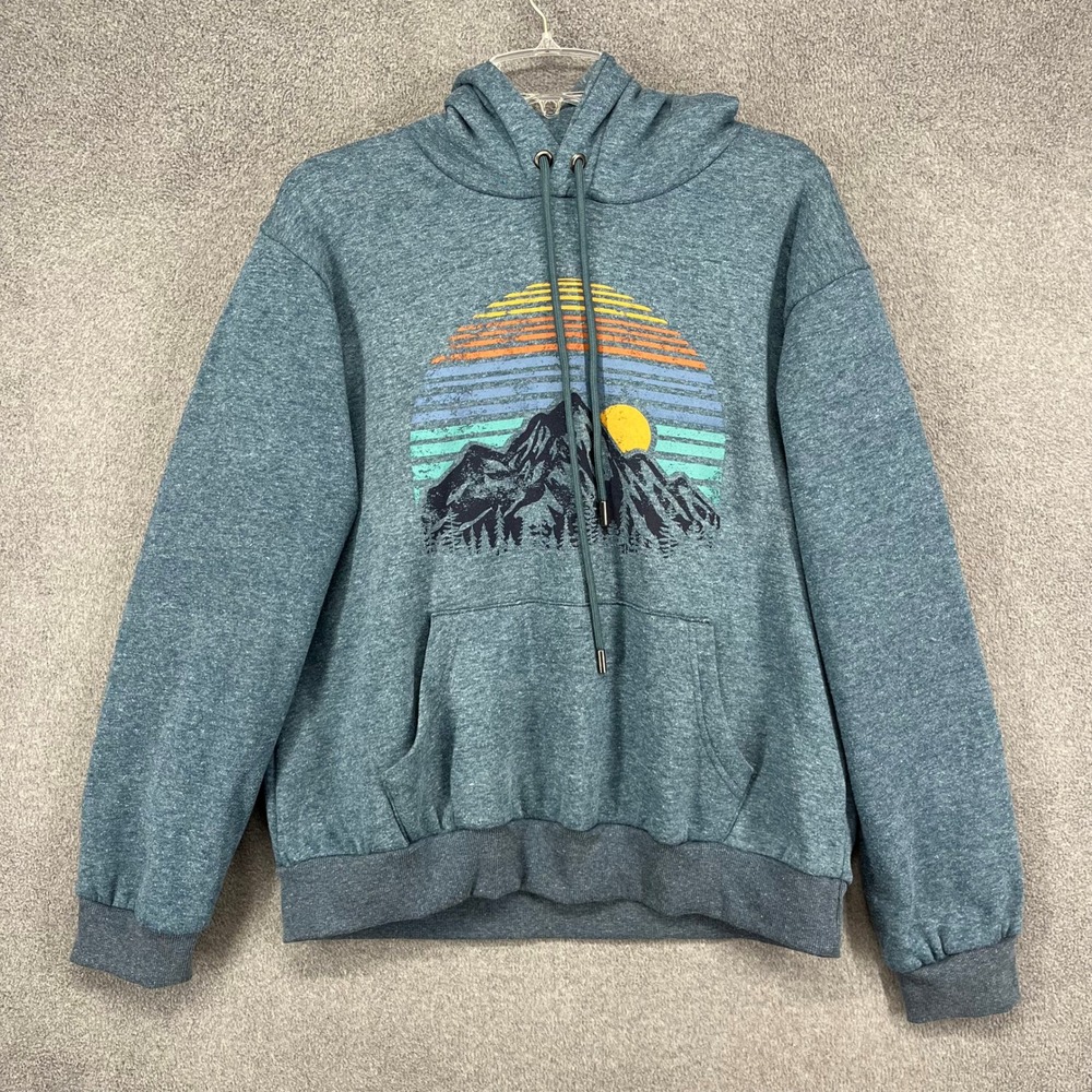 Berkley Jensen Blue Heathered Graphic Mountain Sunset Hoodie Sweatshirt XL